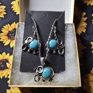 Elephant Pendant Necklace and Earring Set - Turquoise and Silver